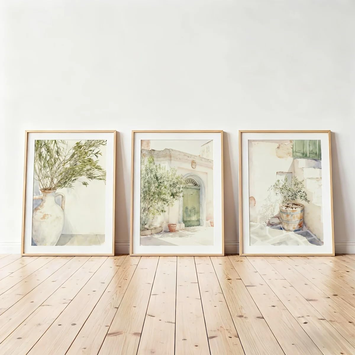 Dittelle Set aus 3 mediterranen Aquarell-Leinwanddrucken, sanft neutrale olivgrüne botanische griechische Hof-Wandkunst, Wohnzimmer (30x45cmx3/Innenrahmen)