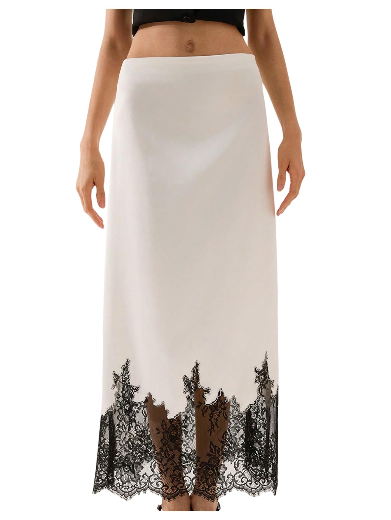WDIRARA Womens Lace Patchwork Long Skirts Silky Mid Wasit A Line Skirt