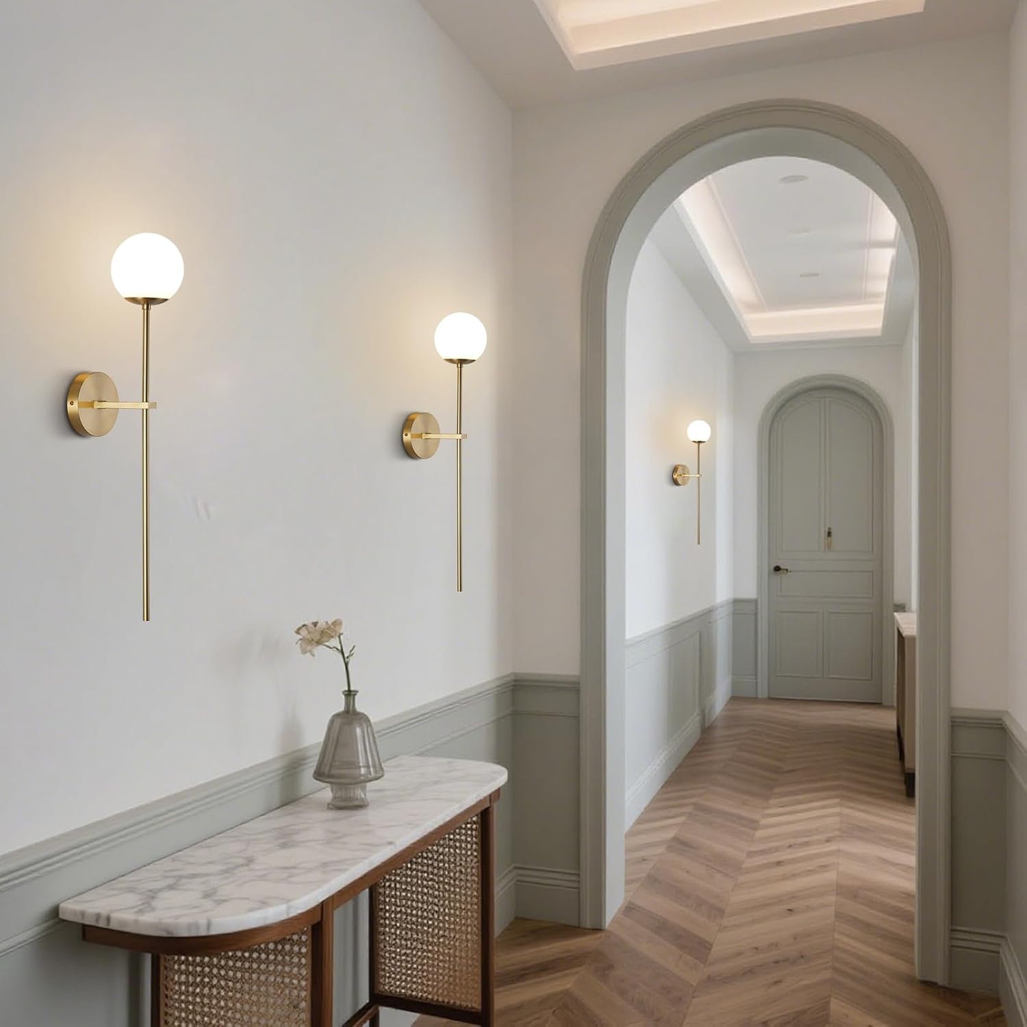 BOKT Mid Century Modern Long Wall Sconce Brushed Brass Bathroom Vanity Wall Sconce Lighting Small Gold Globe Wall Light White Glass Sphere Wall Lamp Antique Brass Wall Lighting