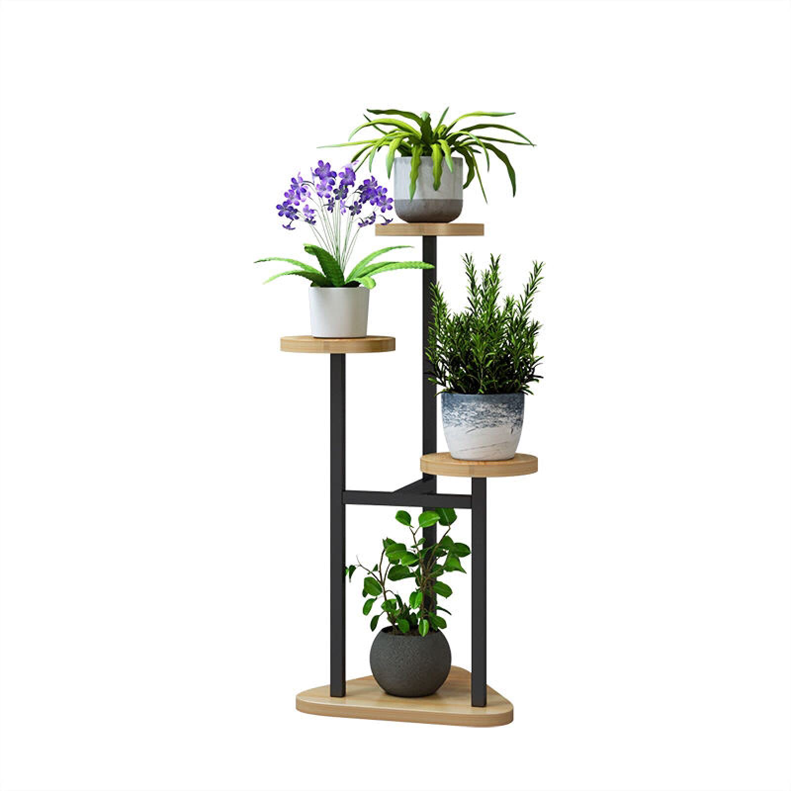 Soporte de metal grande para plantas con mesa de madera y estantes de varios niveles