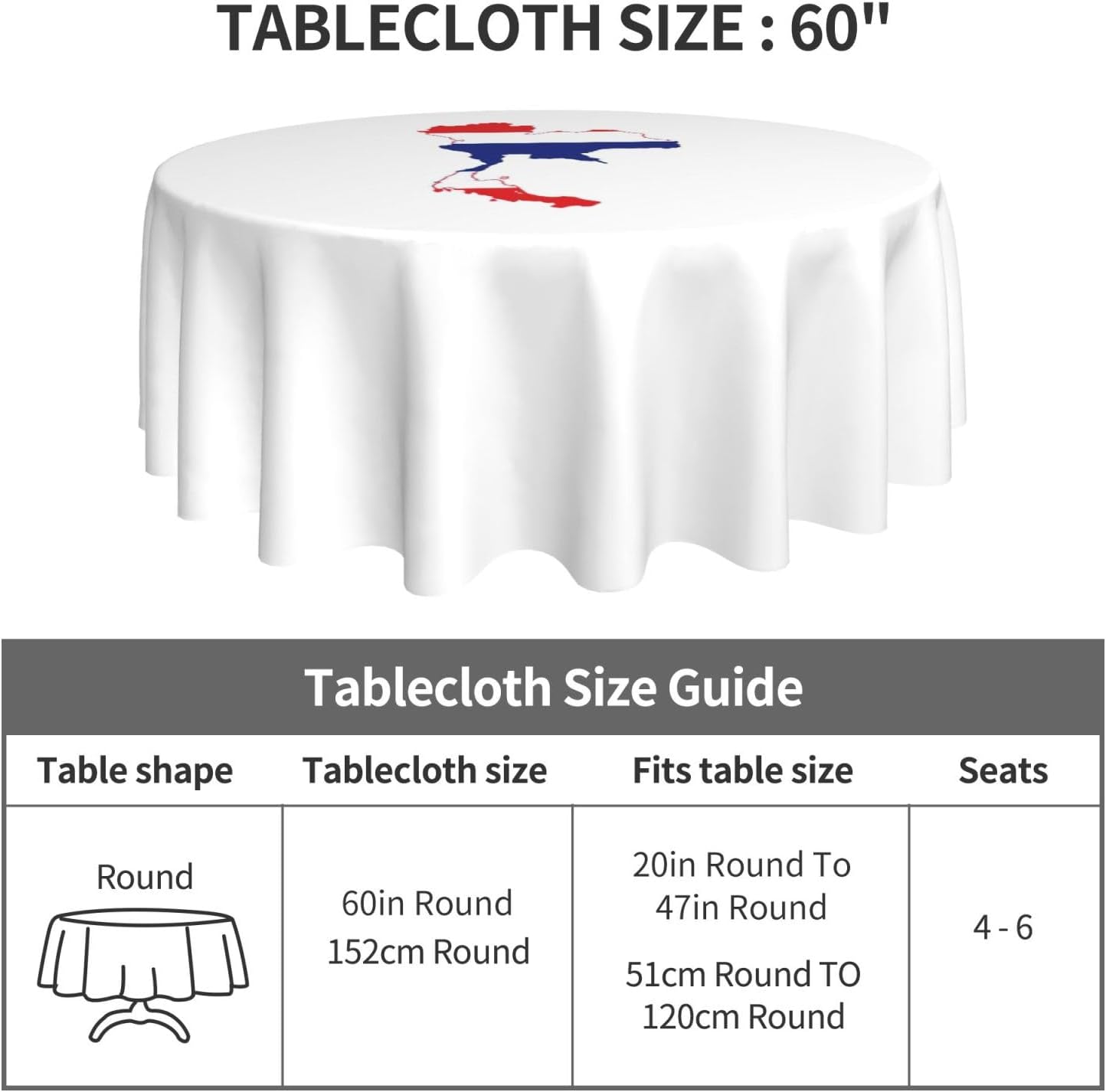 Thailand Flag Map Print Wrinkle Free Dining Table Cover for Birthday Party Farmhouse Tablecloths Up to 60 x 60 Inches