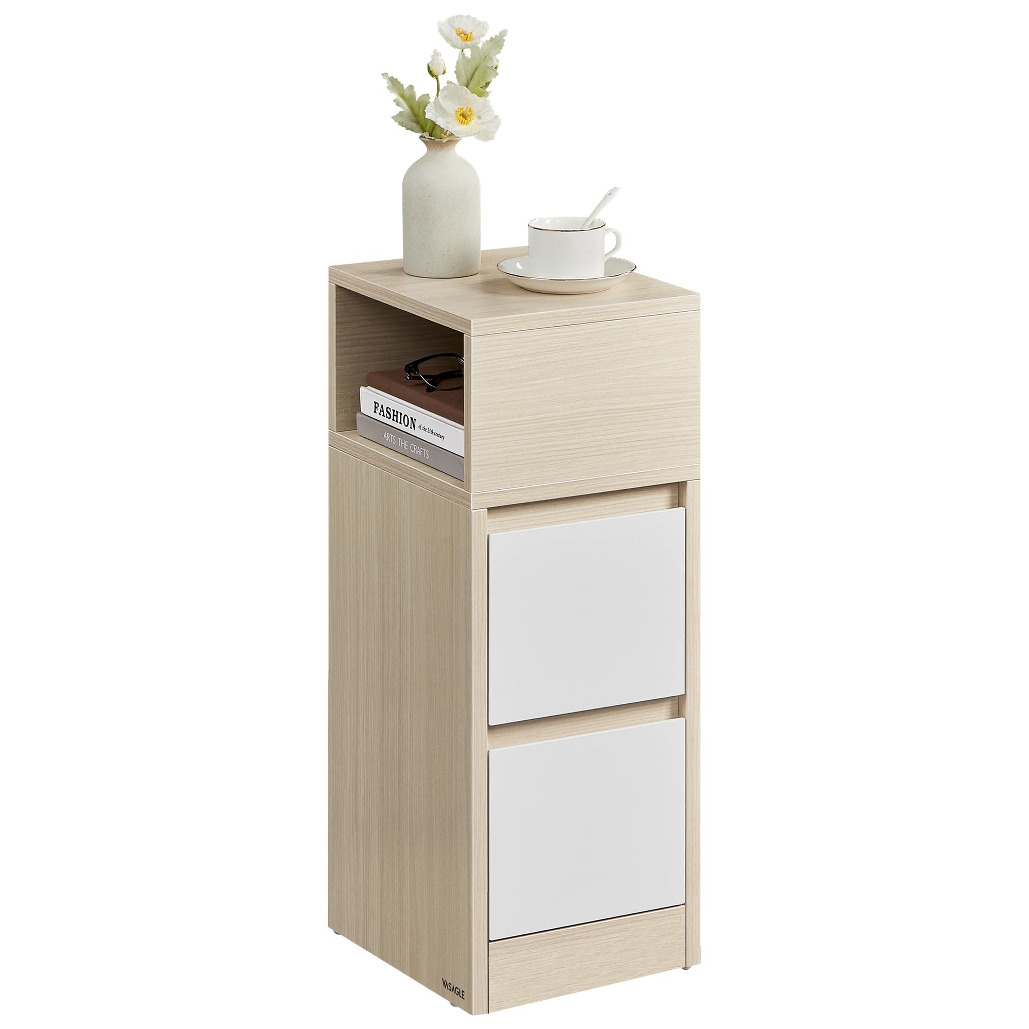 VASAGLE Slim Bedside Table, Small Narrow Side End Table with Drawers, Flexible Compartment, for Bedroom, Living Room, Modern, Natural Beige and Cloud White KAILYN Collection LET656N01