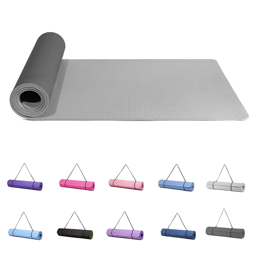 Narwhal Yoga Mat Exercise Mats Workout Pilates Fitness Mat for Women Men Non-Slip Thick 6mm High Density Gymnastics Mats with Carry Strap Tpe 183 x 61 x 0.6cm (Black/Grey)