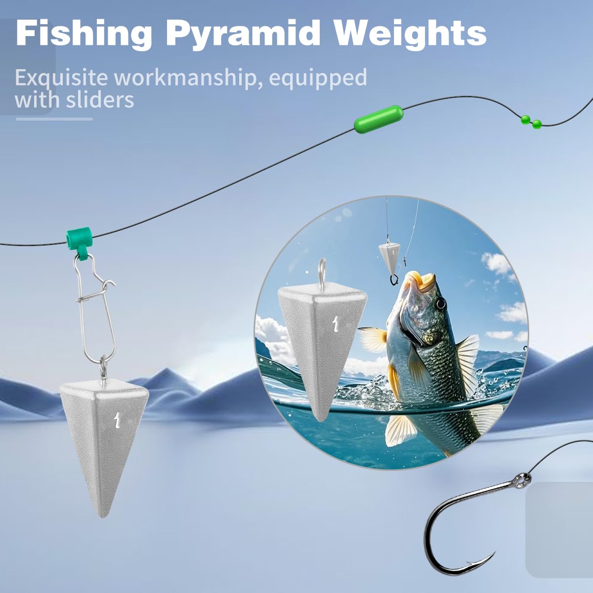 Juego surtido de pesas de pesca de pirámide, 18 plomos piramidales de plomo de 1 onza, 2 onzas, 85 g, 4 onzas, 5 onzas, 6 onzas, 8 onzas con 2 toboganes, pesas de pesca de surf para aparejos de pesca