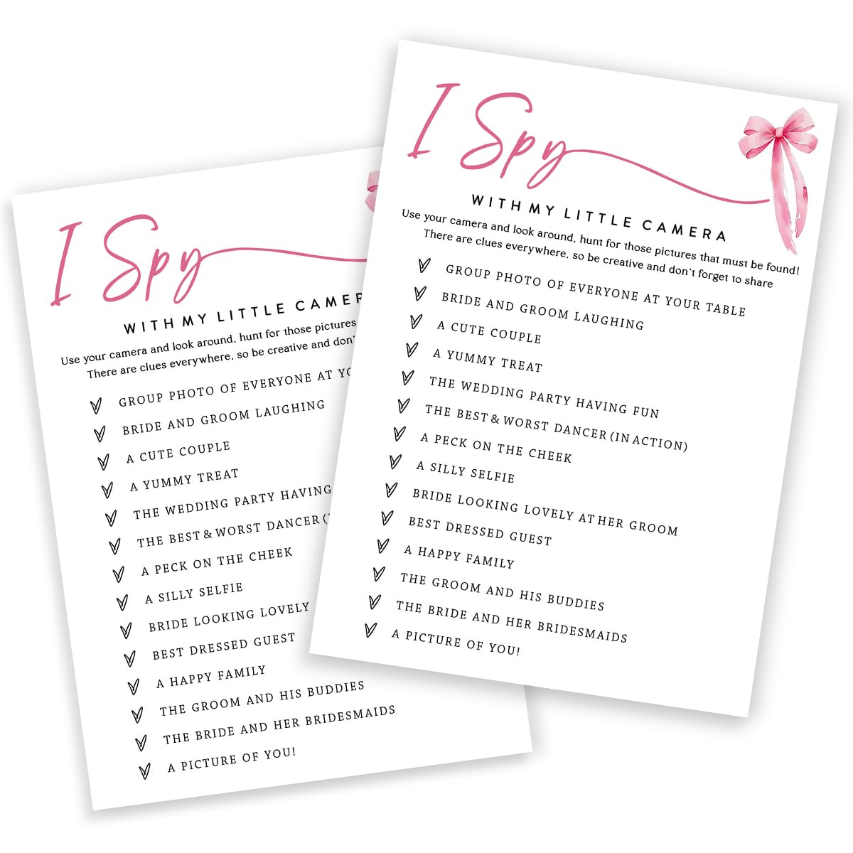 Wedding Shower Games Cards, I Spy with My Little Camera, Bridal Shower Games 25 Guests, Engagement Party Wedding Games for Guests, Pink Ribbon Bow Wedding Party Supplies - E02