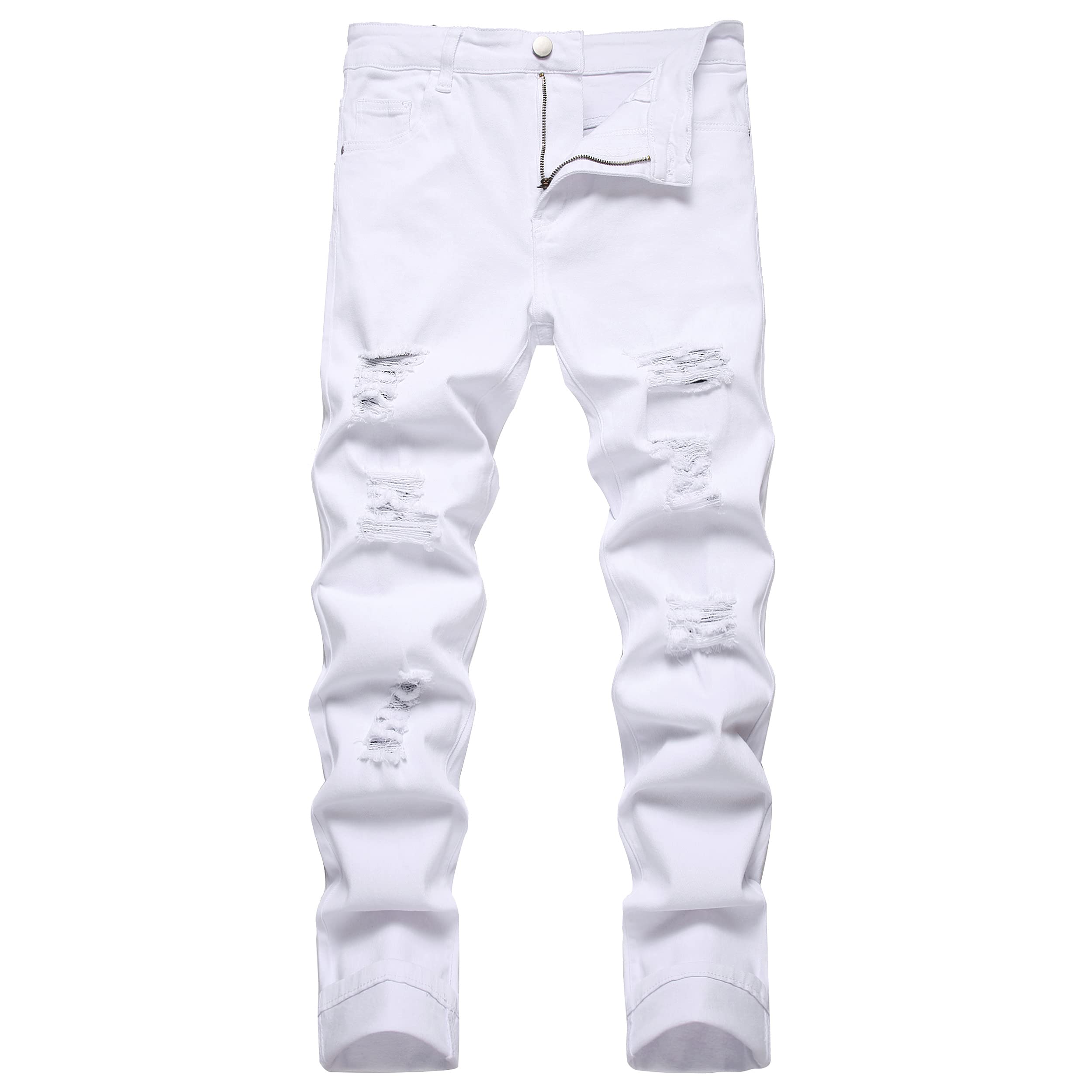 Jeans da motociclista slim fit da uomo, pantaloni in denim da moto strappati elasticizzati distrutto, Bianco strappato, 52
