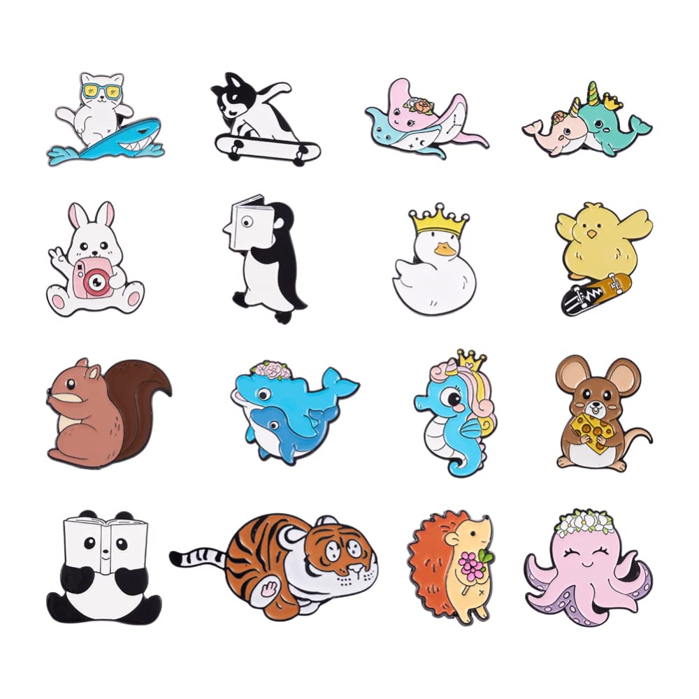 Cheriswelry 16Pcs Animal Theme Enamel Pin Cartoon Penguin Squirrel Tiger Rabbit Panda Cat Lapel Pins Cute Animal Brooch Pins 17-30.5mm for Clothes Bags Backpack Hats Decoration