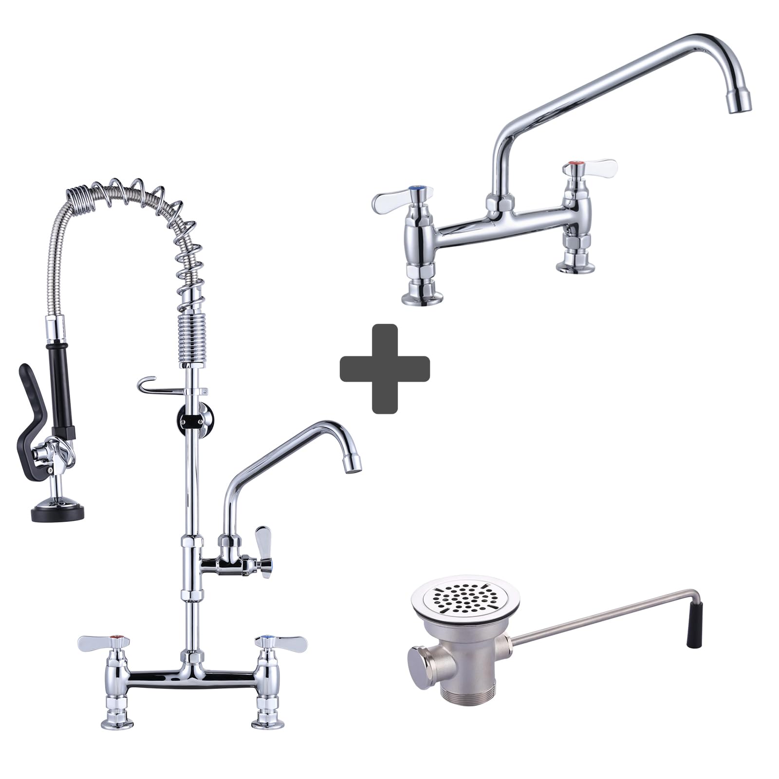 Sxithgkdw Women's Commercial Sink Faucet With 14” Swivel Spout & Commercial Kitchen Faucet Deck Mount With Pre-Rinse Sprayer 26" Height & Commercial Sink Drain: 3-1/2" Sink Opening Waste Drain Valve