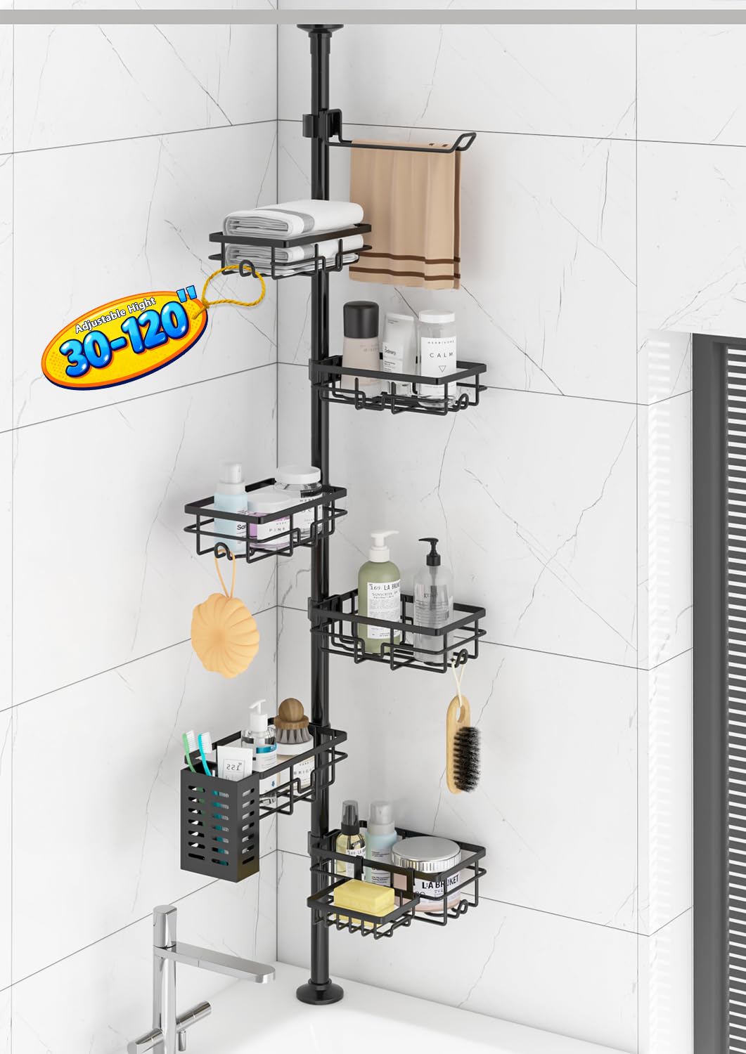 Corner Shower Caddy Organizer Tension Pole Adjustable 6 Shower Shelves Corner Shelf 30-120Inch Rustproof Shower Rack for Inside