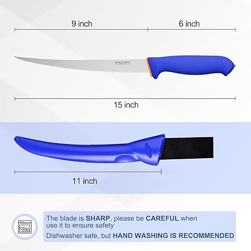 Miniatura 7 de BOLEXINO Cuchillo de filete estrecho de 9 pulgadas para pescado con funda, hoja flexible con agarre suave y mango antideslizante, cuchillos de acero