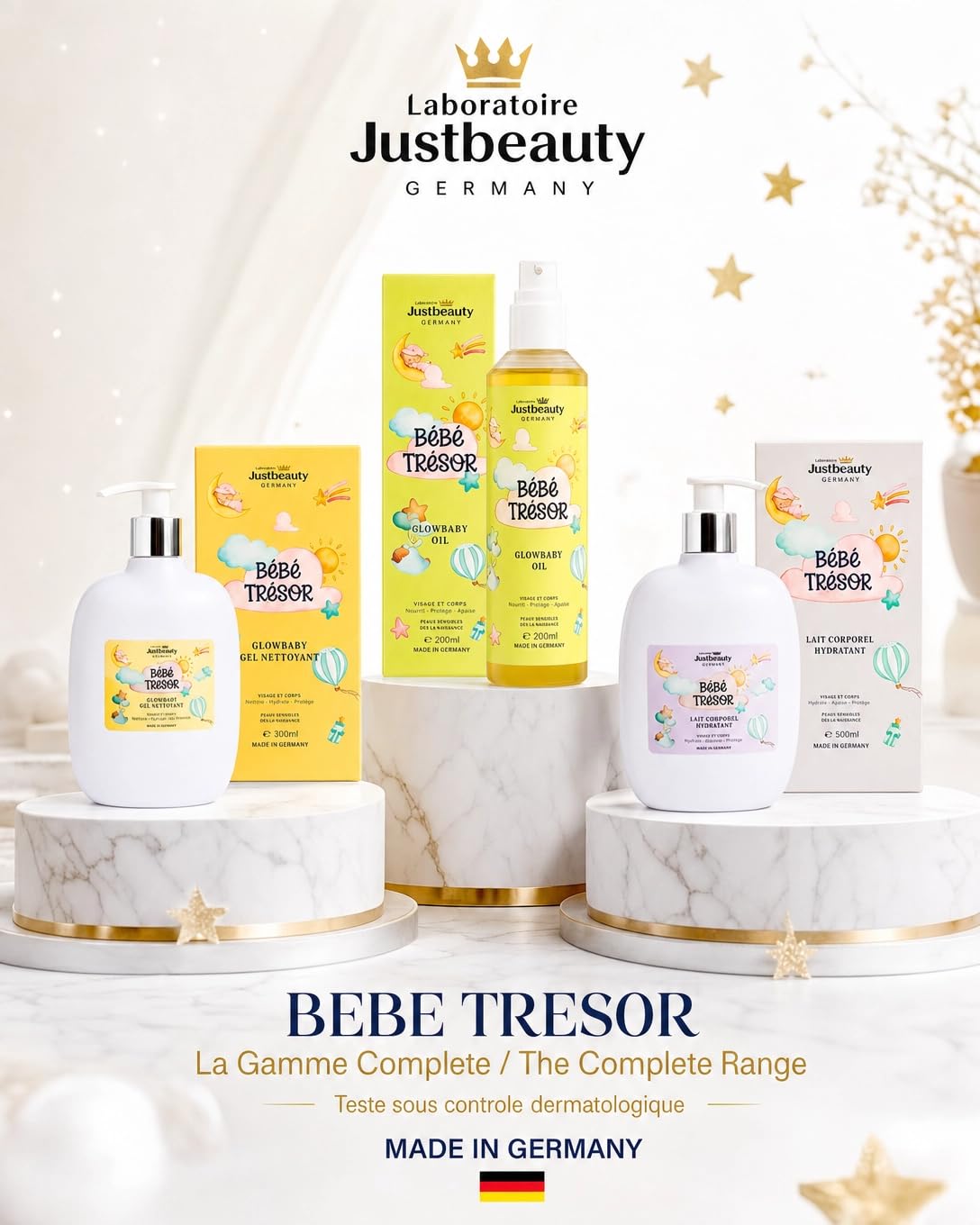 Bébé Trésor - Set per la cura della pelle sensibile del bambino, latte corpo 500 ml, gel doccia 300 ml, olio da massaggio naturale 200 ml