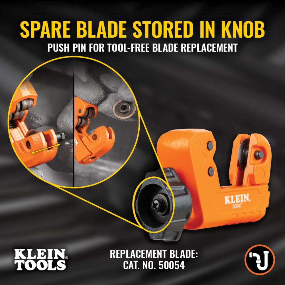 Klein Tools 50047 Mini cortador de tubos, diámetro exterior de 1-1/8 pulgadas, capacidad de corte para tubos de aluminio y cobre, hoja de repuesto incluida