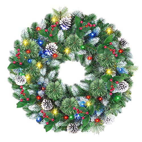 Weihnachtskranz LED Türkranz Weihnachten Beleuchtet Timer Adventskranz Mit Kunstschnee, Tannenzapfen, Beeren Ca. 40 cm Künstlicher Dekokranz Weihnachtskranz für Haustür Wand Fenster Party Dekoration