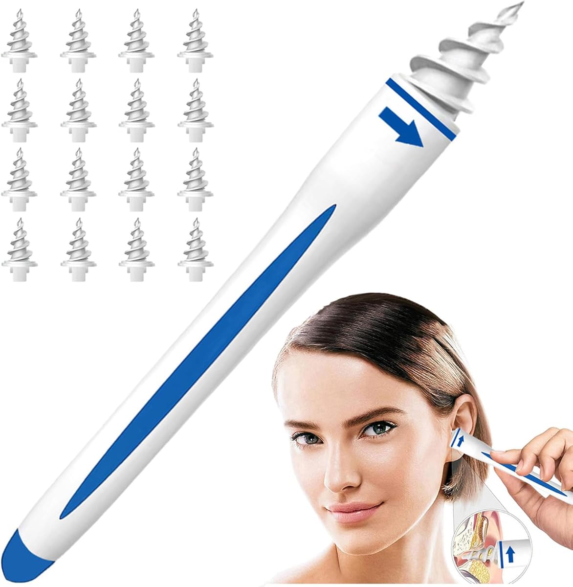 Eliminateur de cire d'oreille, sûr et doux kit de nettoyage d'oreille en silicone à spirale à 360 degrés avec 16 têtes de remplacement lavables, adapté aux enfants et aux personnes