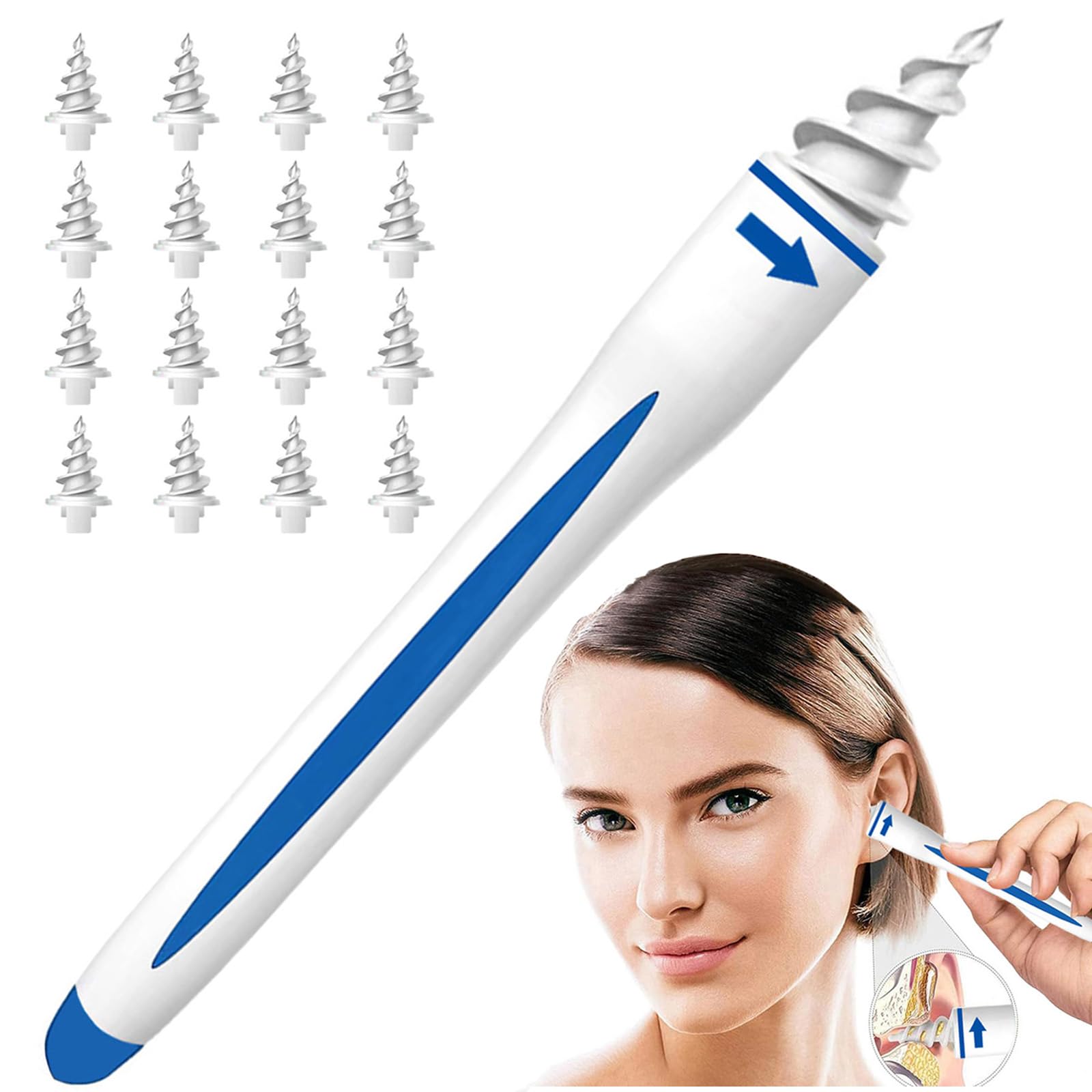 Ohrenschmalz Entferner, Q-grips Ohrenreiniger, Sicheres und Weiches 360 Grad Spirale Silikon Ear Cleaning kit mit 16 abwaschbaren Ersatzköpfen, Geeignet für Kinder und Menschen