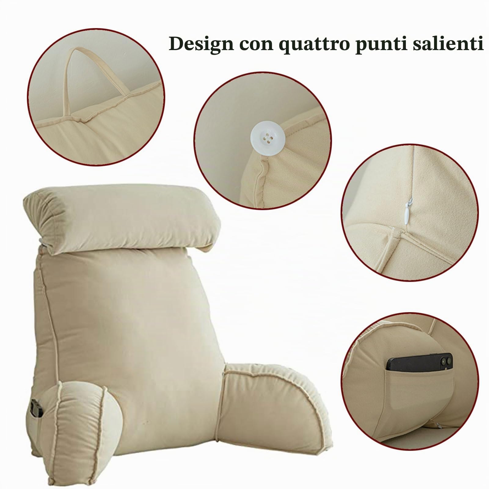 Comodo Cuscino da Lettura con Braccioli,Cuscino Supporto Lombare,Letto Schienale Cuscino,con Cuscino cervicale e Tasche,per Leggere/Rilassarsi/Guardare La TV