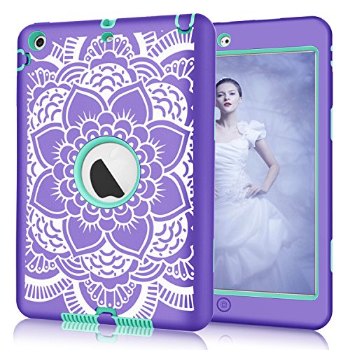 iPad mini/2/3 Case, Hocase Shockproof Hybrid Dual Layer Hard Rubber Protective Case with Cute Flower Design for Apple iPad Mini 1st/2nd/3rd gen 7.9-inch - Purple/Teal
