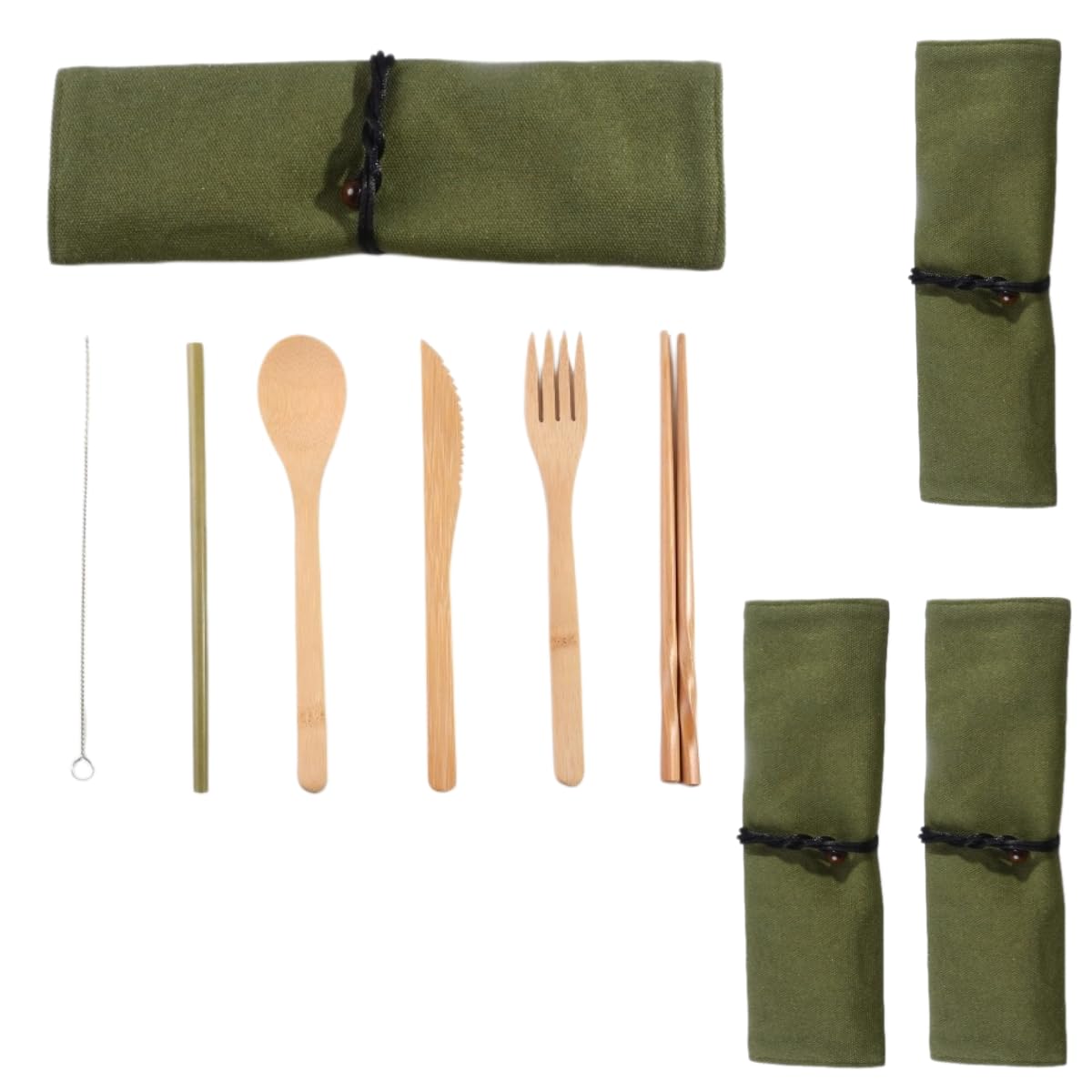 Cucchiai E Forchette Di Legno Set Portatile Da Esterno In Bambù Per Riporre Coltello Bacchette Forchetta Cucchiaio E Cannuccia Verde 4 Set