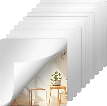 VECELO Stick-on Mirror, Unbreakable Mirror, Wall Mounted, 7.9 x 7.9 inches 20 x 20 cm, Set of 10, Mirror, Full Body Mirror, Bathroom, Mirror, Behind Door, Closet, Unbreakable Mirror