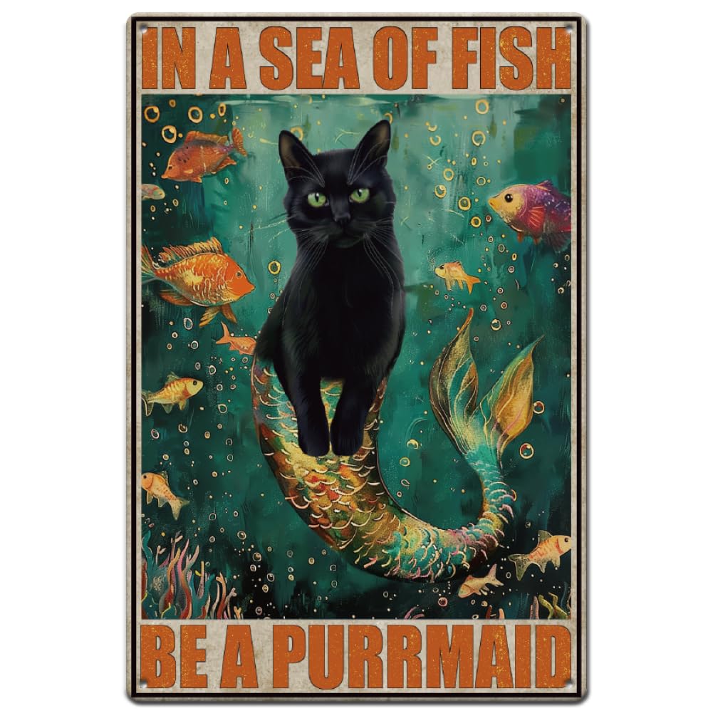 SUPERDANTBathroom Tin Sign Black Cat Metal Tin Signs Mermaid Black Cat Metal Sign Funny Signs and Plaque Cat Metal Wall Art for Bathroom Bedroom Living Room Home Vintage Wall Decor