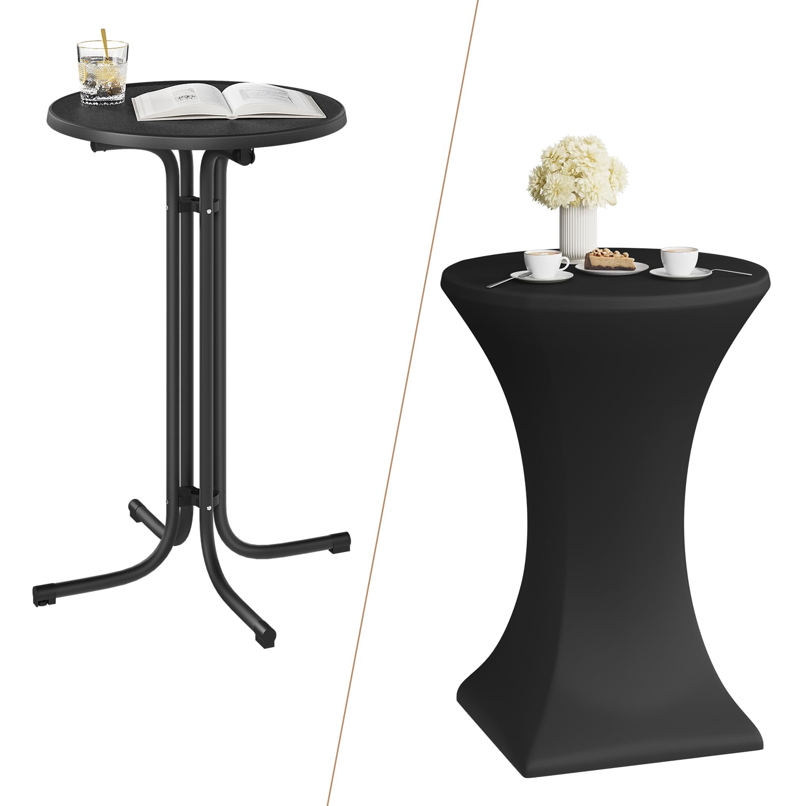 WOLTU Mesa de Bar Plegable, Mesita Redonda de Cóctel con Funda Elástica para Boda y Fiestas, con Patas Metálicas y Pie Ajustable, 70x110 cm, Negro Mate