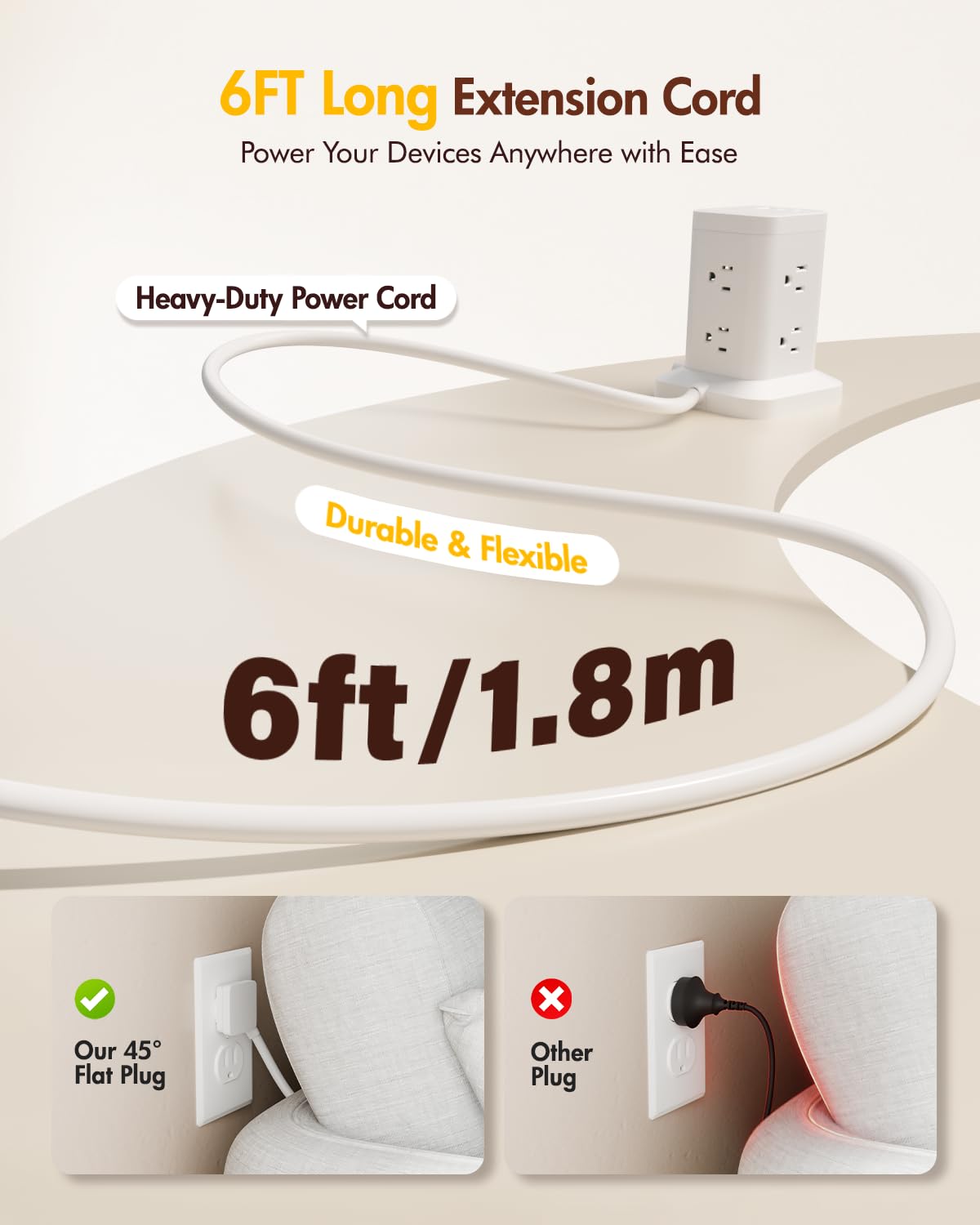 Torre multipresa 11 in 1 con protezione da sovratensioni 1800J, torre di ricarica rapida PD20W Porte USB-C con 8 prese AC, cavo di prolunga da 1,8 m per ufficio in