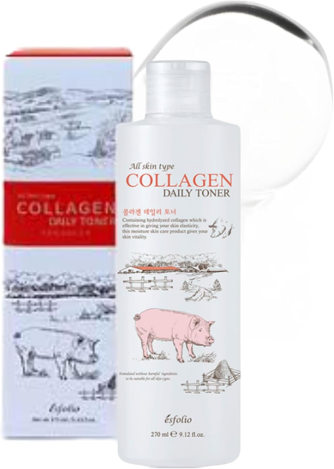 Esfolio Collagen Daily Toner – Hydrating & Firming Facial Toner with Hydrolyzed Collagen, Moisturizing & Soothing Skincare for All Skin Types, Anti-Aging & pH Balancing Korean Beauty (9.12OZ/270ML)