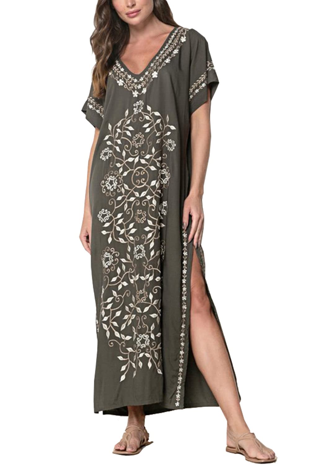 LikeJump Mujer Bohemia Floral Bordado Vestido de Playa Maxi Kaftan Kimono Pareos Bikini Cover Ups