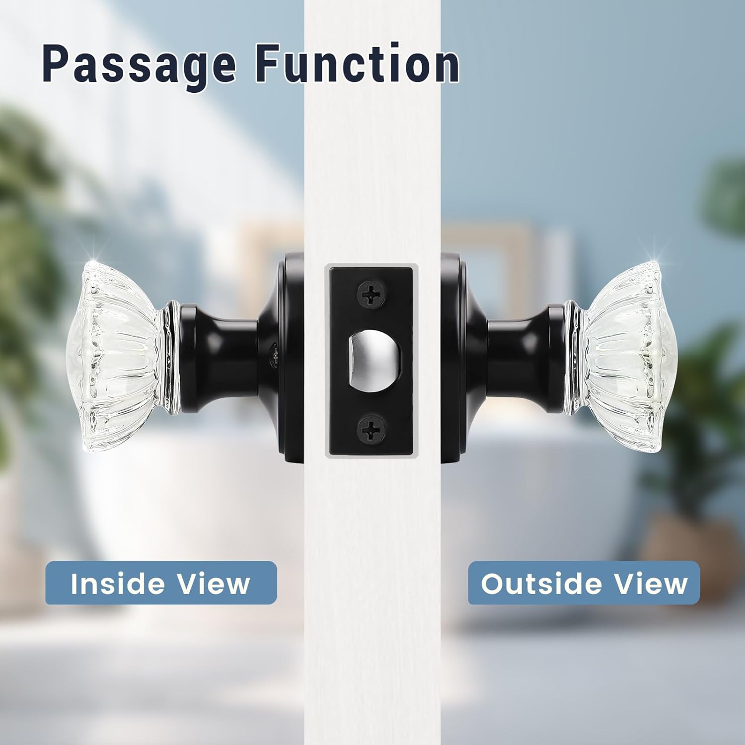 KNOBWELL 2 Pack Classic Round Glass Door Knobs Interior, Passage Clear Crystal Door Knobs for Hall and Closet, Matte Black Vintage Door Knob