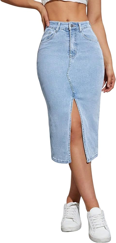 Amazon.com: Flvsun Women's Mid Length Stretch Denim Slit Skirt