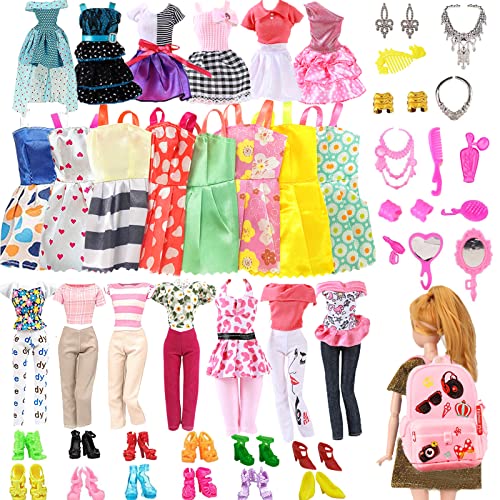 40PCS Puppe Kleidung Outfit für Barbie Puppen, Puppenzubehör mit 3 Kleid +5 Tageskleid+ 6 Fashion Tageskleidung+ 10 Paar Schuhe + 15 Schmuck Zubehör + EIN rosa Rucksack für 11,5 Zoll Mädchen Puppen Cover