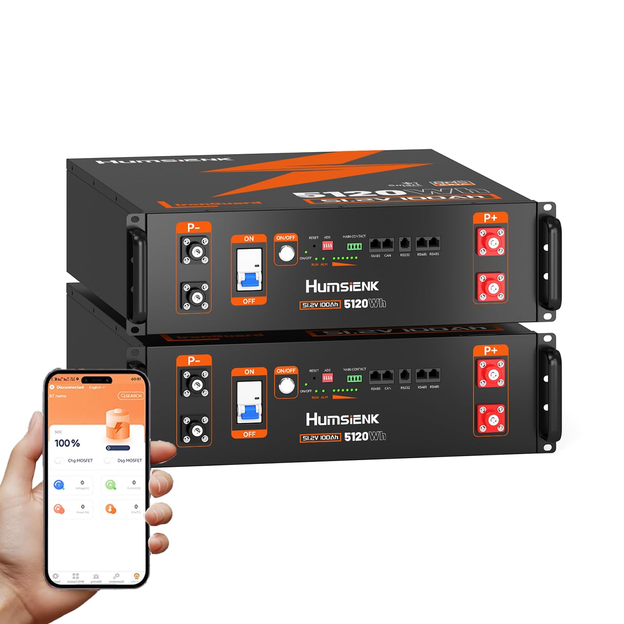 HumsiENK 48V 100Ah LiFePO4 Lithium Battery (2 Pack) 3U Server Rack with BYD Cells & Active Balance, Max. 5120Wh & Bluetooth, 100A BMS, 15000+ Deep Cycles for Solar System, Home Energy Storage, Backup