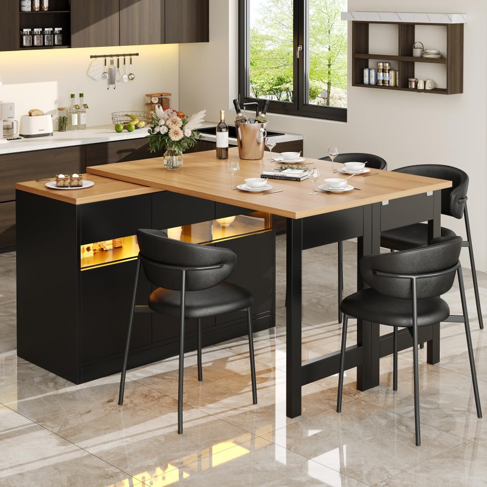 Extendable Bar Table with LED Lighting & 360° Swivel | Adjustable 120-180 cm Modern Kitchen Island Table with Storage | Smart Multifunctional Sideboard, Dining & Work Table (Black-LED)