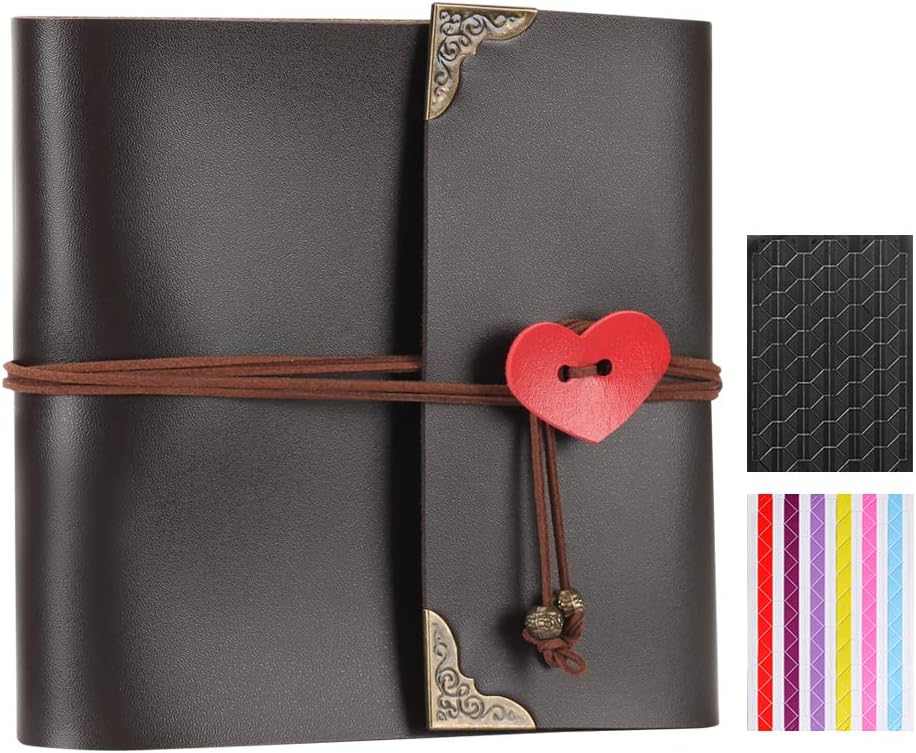 XIUJUAN Scrapbook with Gift Box, Vintage Leather Photo Album Black Pages Memory Guest Book, Christmas Valentines Birthday Gift Wedding Anniversary Present for Women Men Mum Her, Love Heart, Small