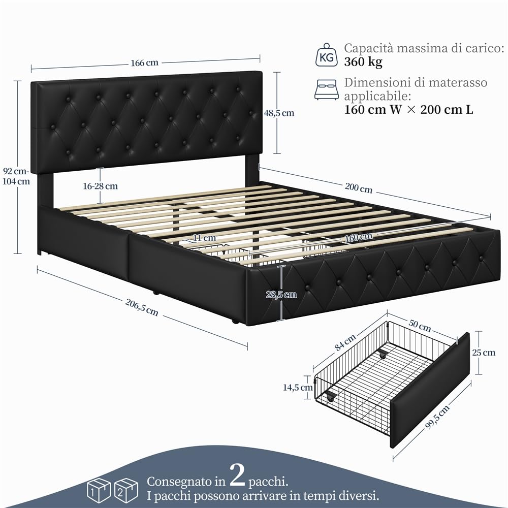 Yaheetech Letto Imbottito Matrimoniale 160 x 200 cm con 2 Cassetti Letto Contenitore con Supporti a Doghe in Legno Testiera Regolabile in Altezza con Rivetti a Punto di Tensione Nero