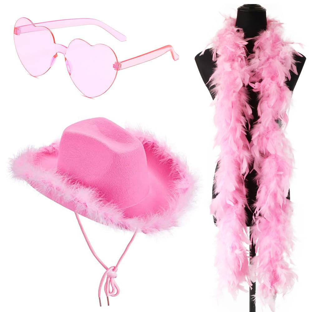 FCXVXCL Cowboy Hat, 3PCS Felt Cowgirl Hat with Heart Glasses Feather Trim Wide Brim Cowgirl Hats Women Cowboy Costume Accessory for Costume Party Play Dress Up Cosplay Bachelorette Party