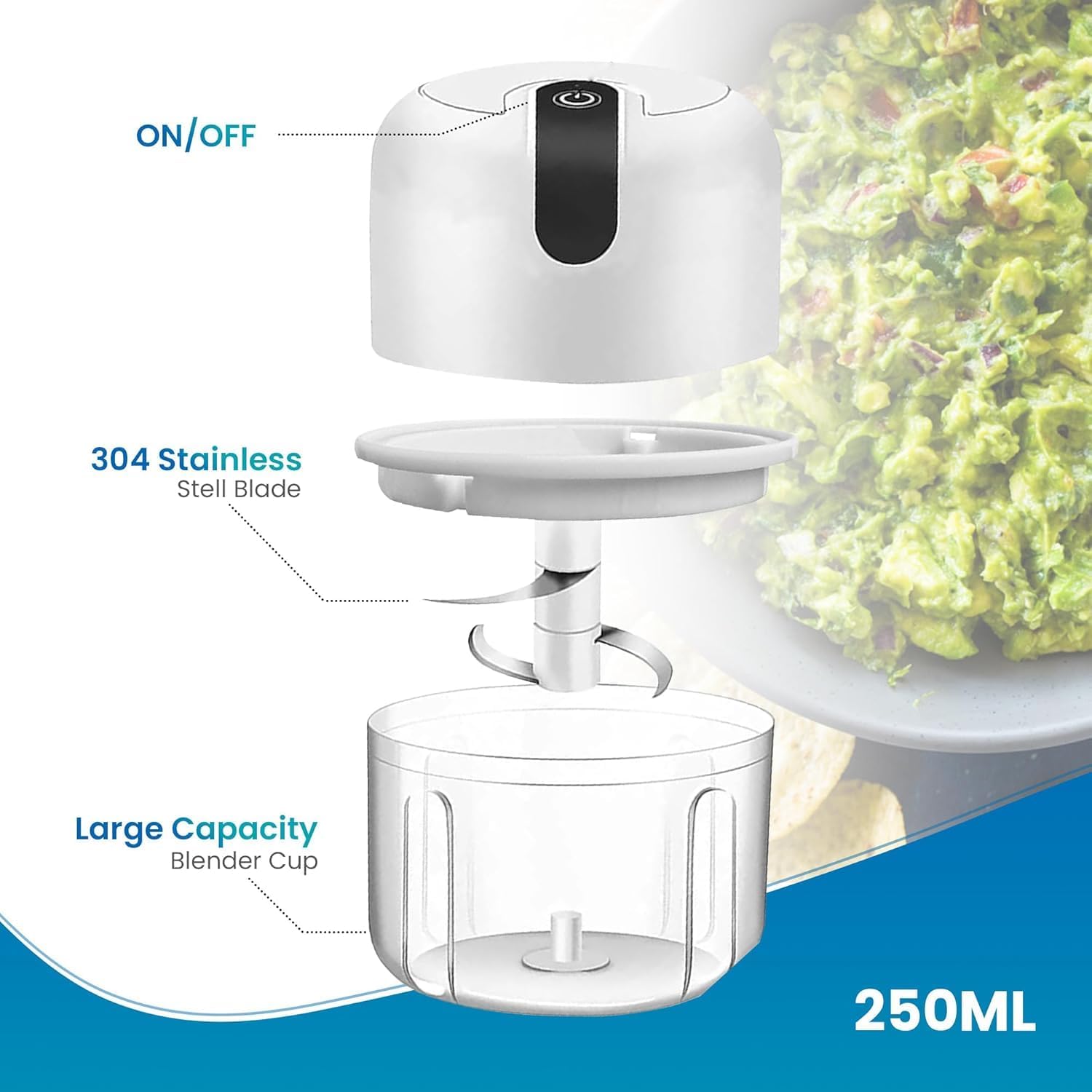 Cordless Electric Mini Food Chopper, Portable Rechargeable Food Processor with Stainless Steel Blades for Vegetable Fruit Baby Food White