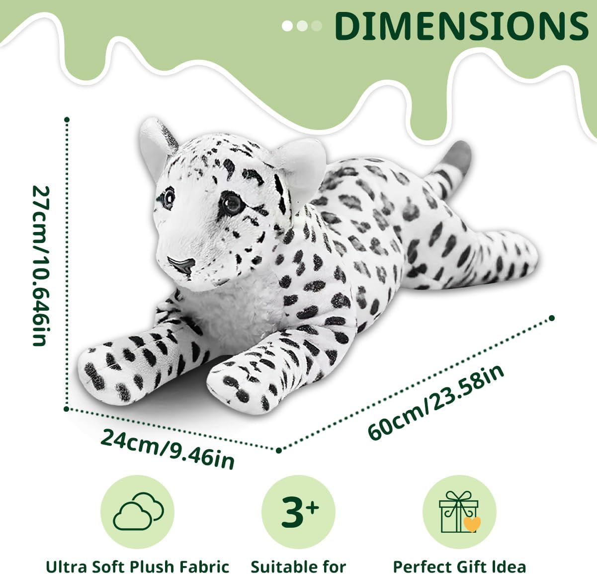 Snow Leopard Plush Giant White Snow Leopard Stuffed Animals Large Cute Soft Realistic Plush Toys Birthday Easter Day Gift for Girls Kids 24"