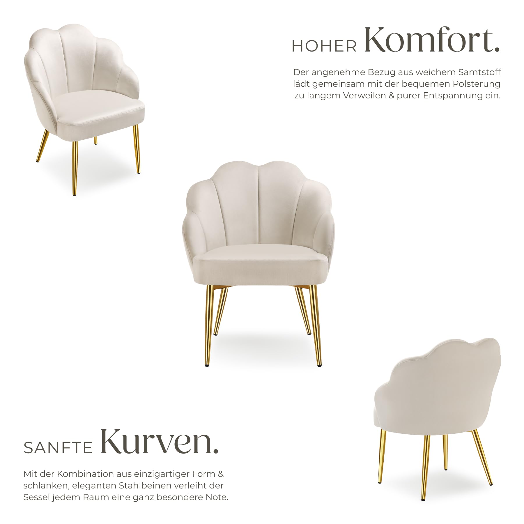 tectake® Cocktailsessel in Muschelform, Samt Stuhl mit Armlehne, Sessel Wohnzimmer, Loungesessel, Stühle Esszimmer, Relaxsessel, Sessel Schlafzimmer, Deko Zimmer, Lesesessel - créme/Gold, 1 Stuhl