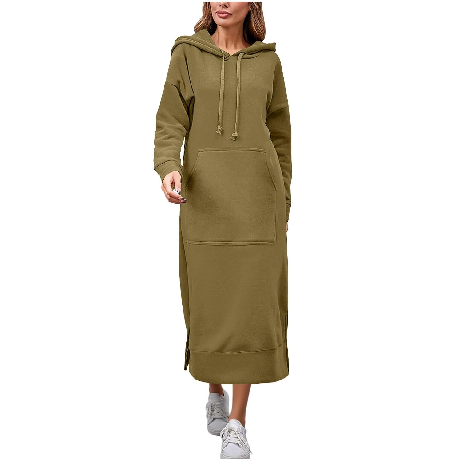 Womens Basic Solid Long Sleeve Sweatshirt Hoodie Maxi Dress with Pockets Fleece Winter Warm Plus Size Dresses