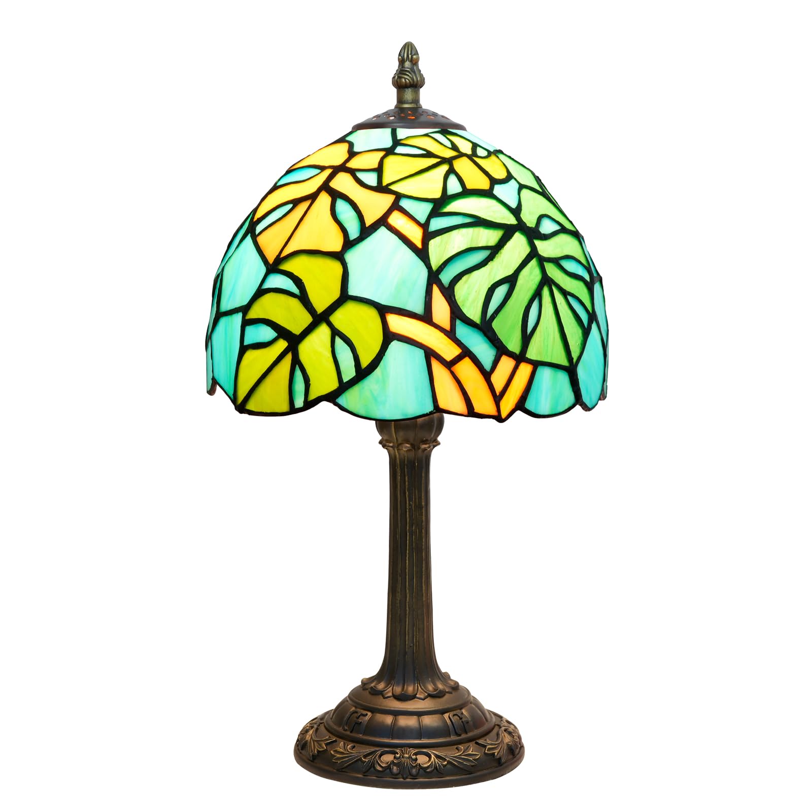 Tiffany mesa lámpara tortuga atrás bambú palma hojas vidrio lámpara hecha a mano verde lado de cama lindo acento luz de mesa de noche