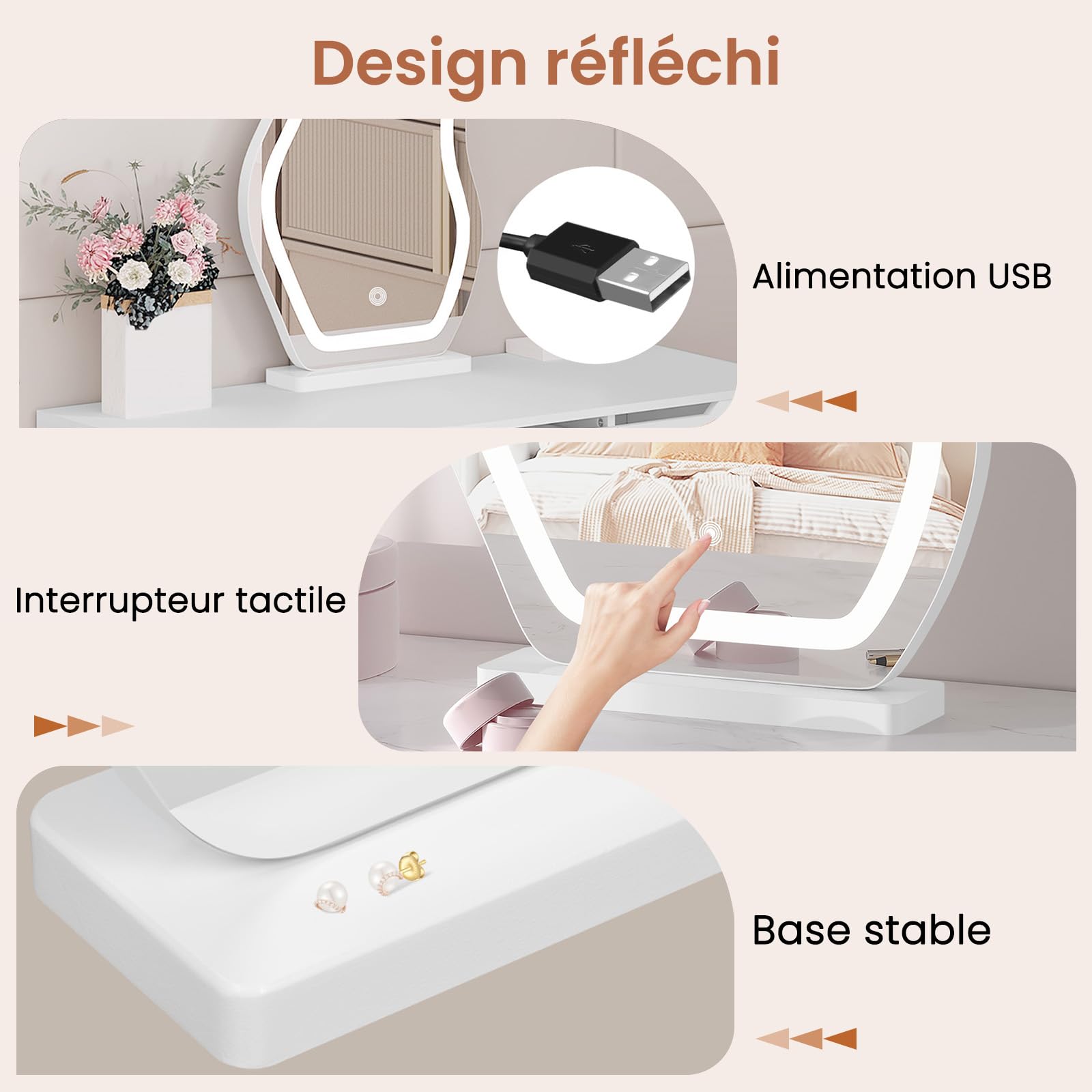 WOLTU Miroir Coiffeuse LED, 3 Niveaux d'Éclairage + Luminosité Réglable, Miroir Irrégulier en Forme de Nuage, 40x54 cm, MB6121ws