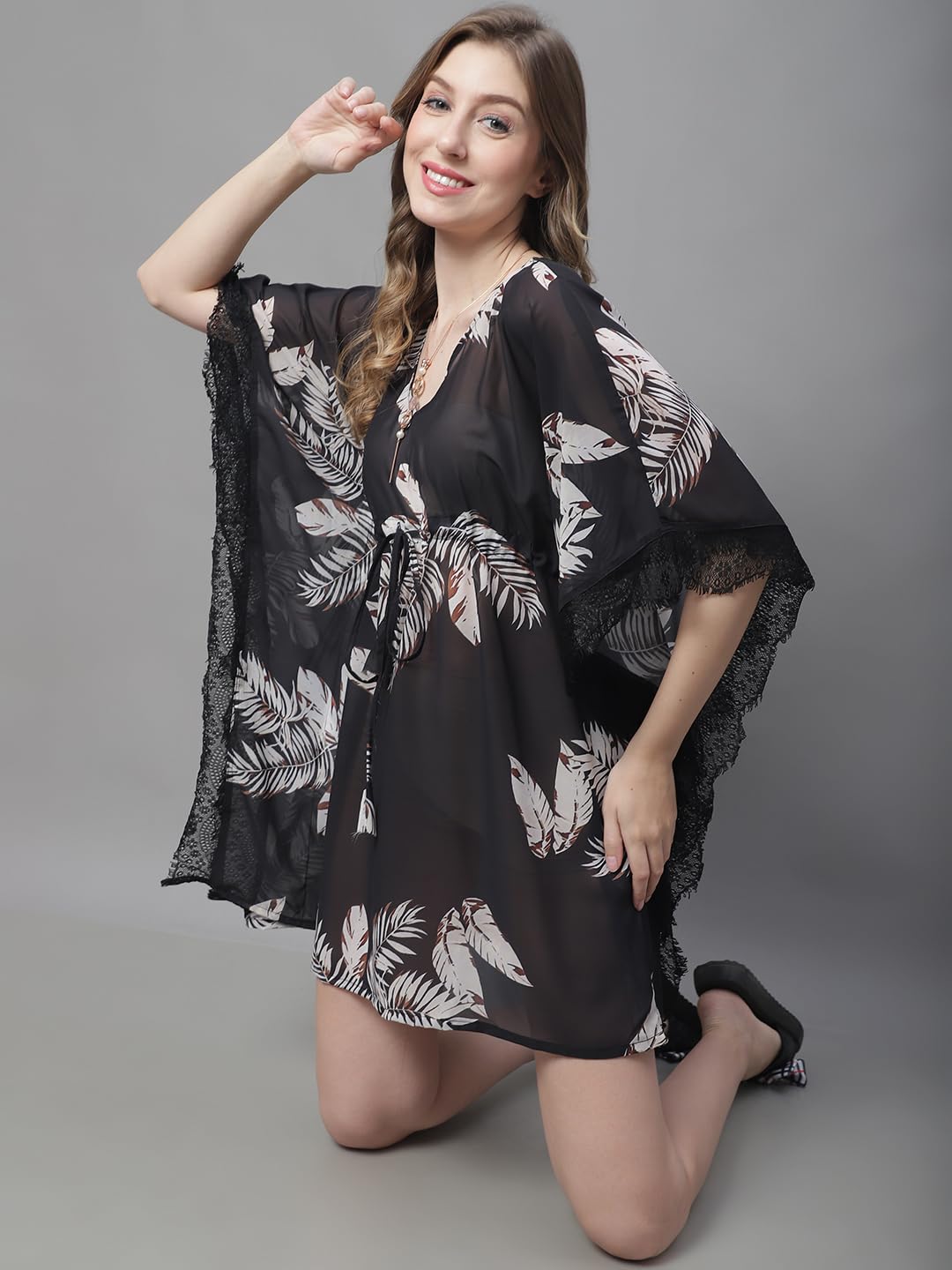 Claura Tropical Printed V-Neck Swimwear Cover up Dress (Black) 3
