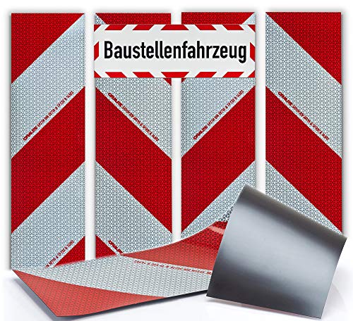 UvV Kfz-Warnmarkierung im Set DIN 30710 für 1 KFZ mit 4 Streifen - 4x141x564 magnetisch + Magnetschild Baustellenfahrzeug 45x15cm