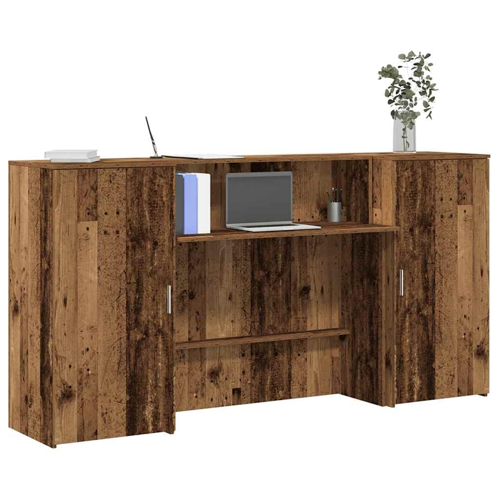 Banco reception in legno anticato 200 x 50 x 103,5 cm, in legno con banconi e spazio di archiviazione, ideale per ufficio e pratica