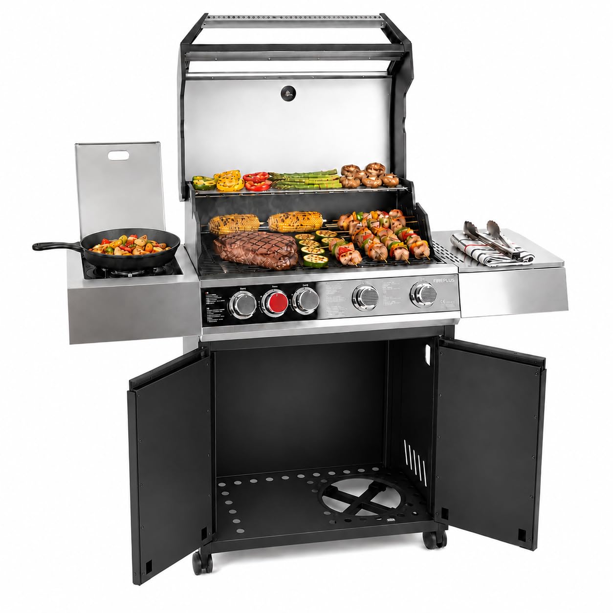 Amig - Barbacoa de Gas XXL Fireplus GRILL-2 5F - 139 x 55 x 115 cm - Superficie de Cocción 70x41,5 cm - Con Termómetro, Estante Lateral, Armario y Ruedas con Freno - Parrilla de Hierro Fundido - Negro