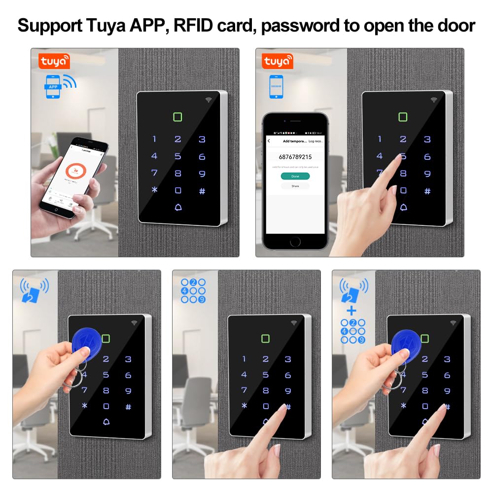 Système de contrôle d'accès Wi-Fi graffiti pour 2000 utilisateurs, clavier RFID tactile entièrement étanche, alimentation DC 12 V/3 A, bouton de sortie, 10 étiquettes de clé 125 kHz (sans verrouillage