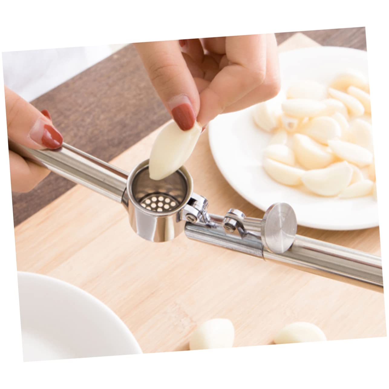 FELTECHELECTR 1pc Stainless Steel Garlic Press Manual Mincer with Long Handle for Easy Crushing Compact Kitchen Tool for Garlic Ginger and Nuts for Home and Restaurant Use
