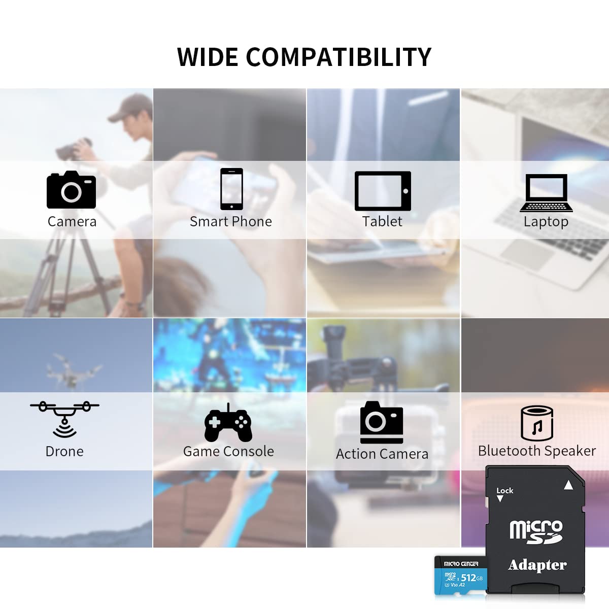 INLAND Micro Center Performance - Tarjeta microSDXC de 512 GB, tarjeta micro SD A2, UHS-I C10 U3 V30 A2 4K UHD tarjeta de memoria flash de video con adaptador para smartphones, tabletas, drones y