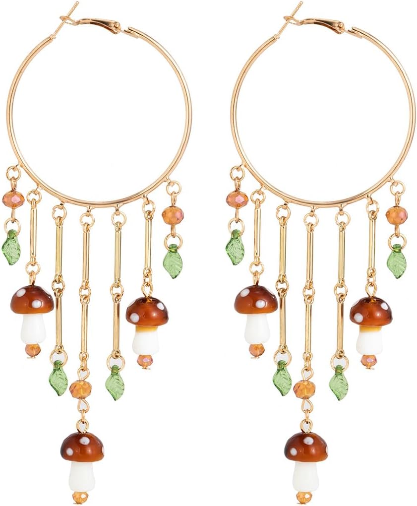 Colorful Boho Tassel Hoop Earrings Mushroom Leaves Dangle Women